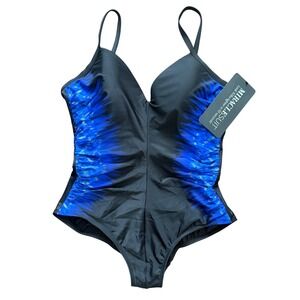 Miraclesuit Temptation One Piece Swimsuit Blue Black Tummy Control Size 16 NEW